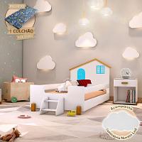 Cama Infantil Solteiro Belissima Azul - Branco E Amêndoa + Luminária Led + Colchão - Branco - 1