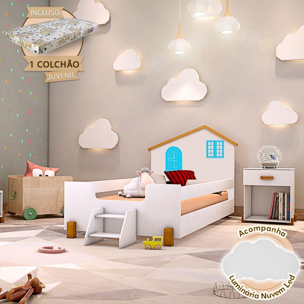Cama Montessoriana Infantil Juvenil Belissima Azul - Branco E Amêndoa + Luminária Led + Colchão - Branco - 1