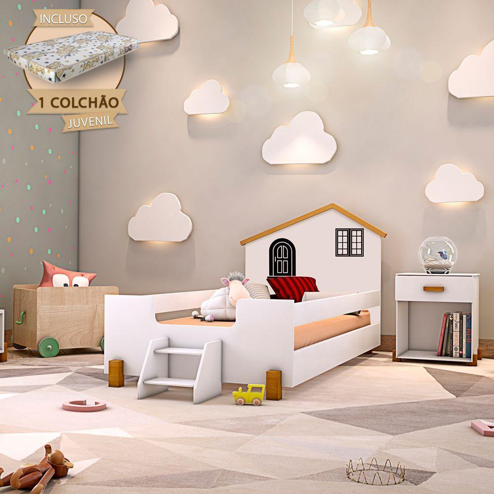 Cama Montessoriana Infantil Juvenil Belissima Preta - Branca E Mel + Colchão - Branco - 1