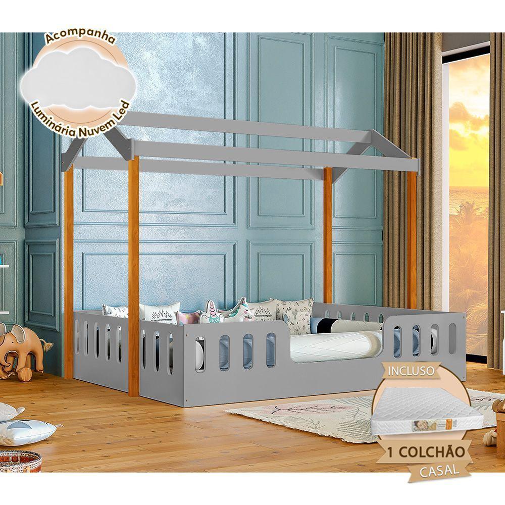 Cama Casal Casinha Montessoriana ágatha Com Colchão Cinza-mel Incluso Luminária - 1