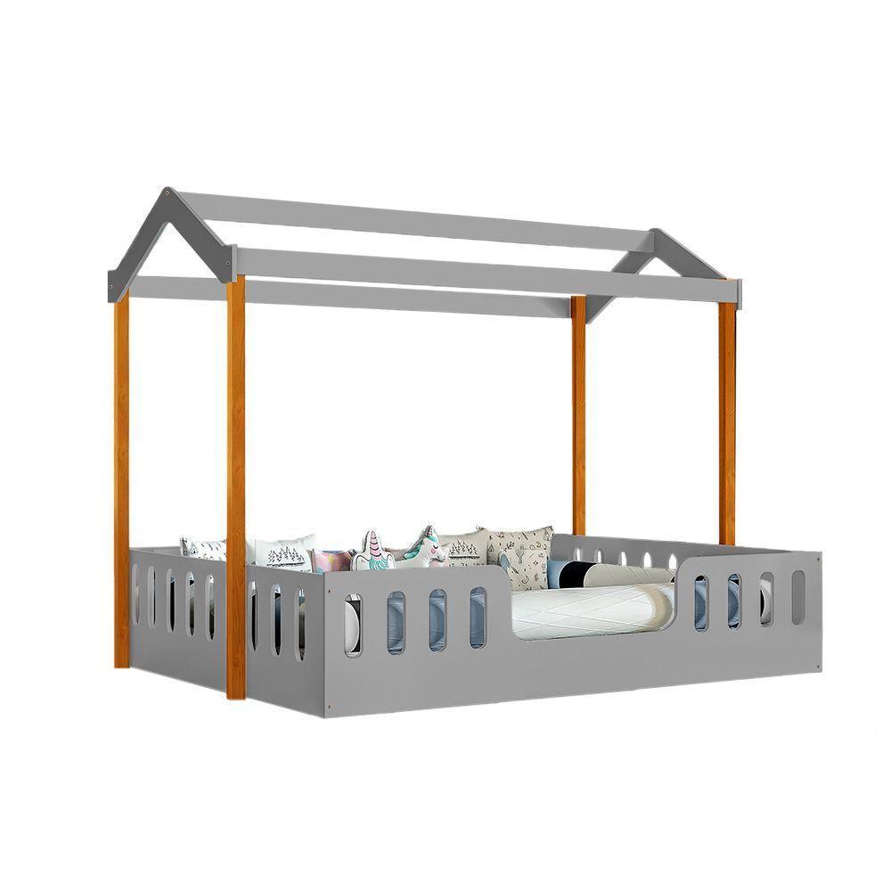 Cama Casal Casinha Montessoriana ágatha Com Colchão Cinza-mel Incluso Luminária - 3