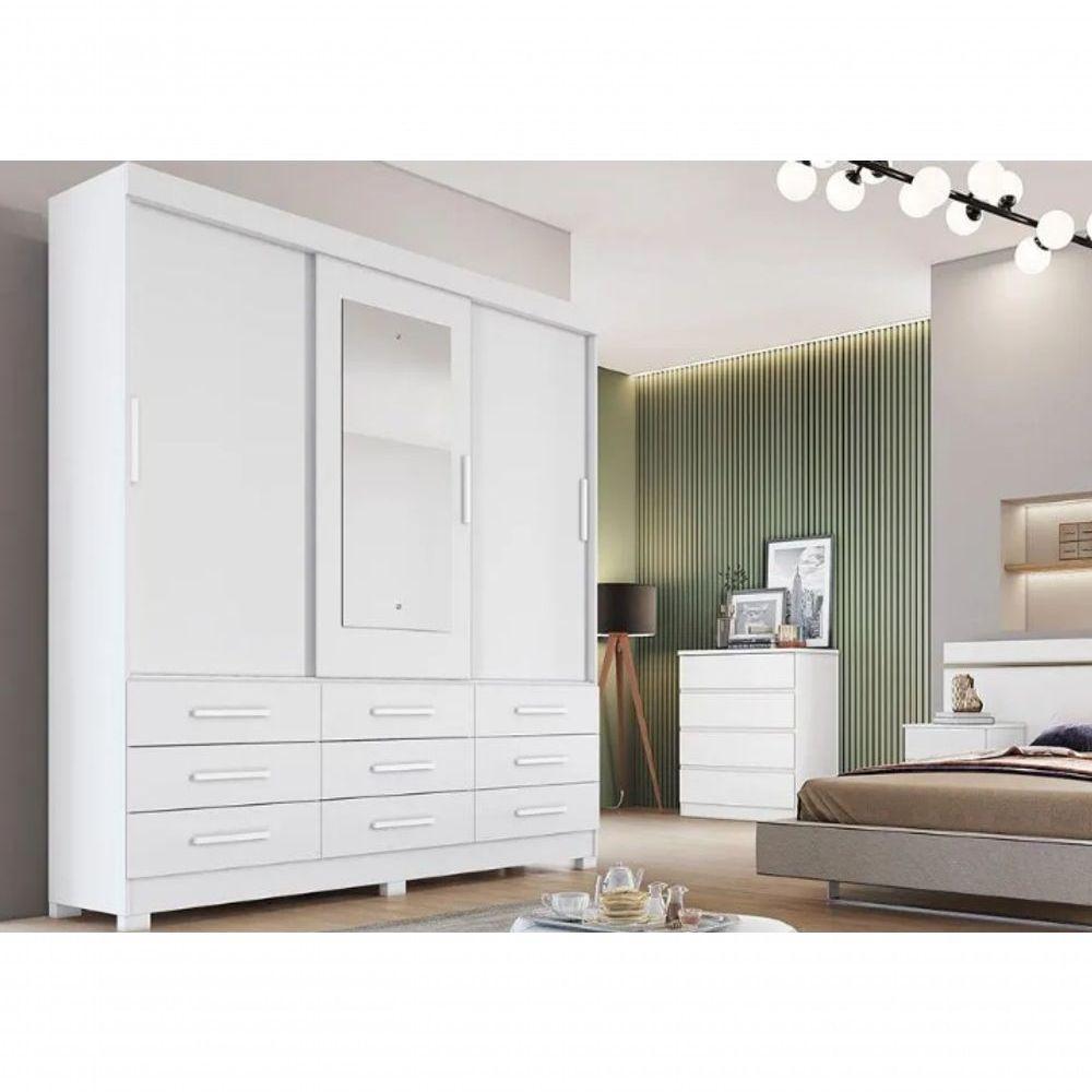 Guarda Roupa Buriti 3 Portas 9 Gavetas Com Espelho Branco - Novo Horizonte - 1
