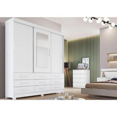 Guarda Roupa Buriti 3 Portas 9 Gavetas Com Espelho Branco - Novo Horizonte