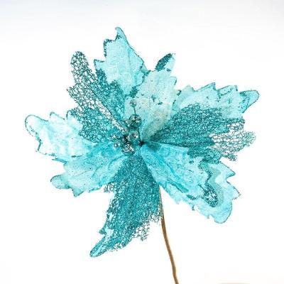 Kit 2 Flores Decoração Natal Artificial Glitter Azul 30cm