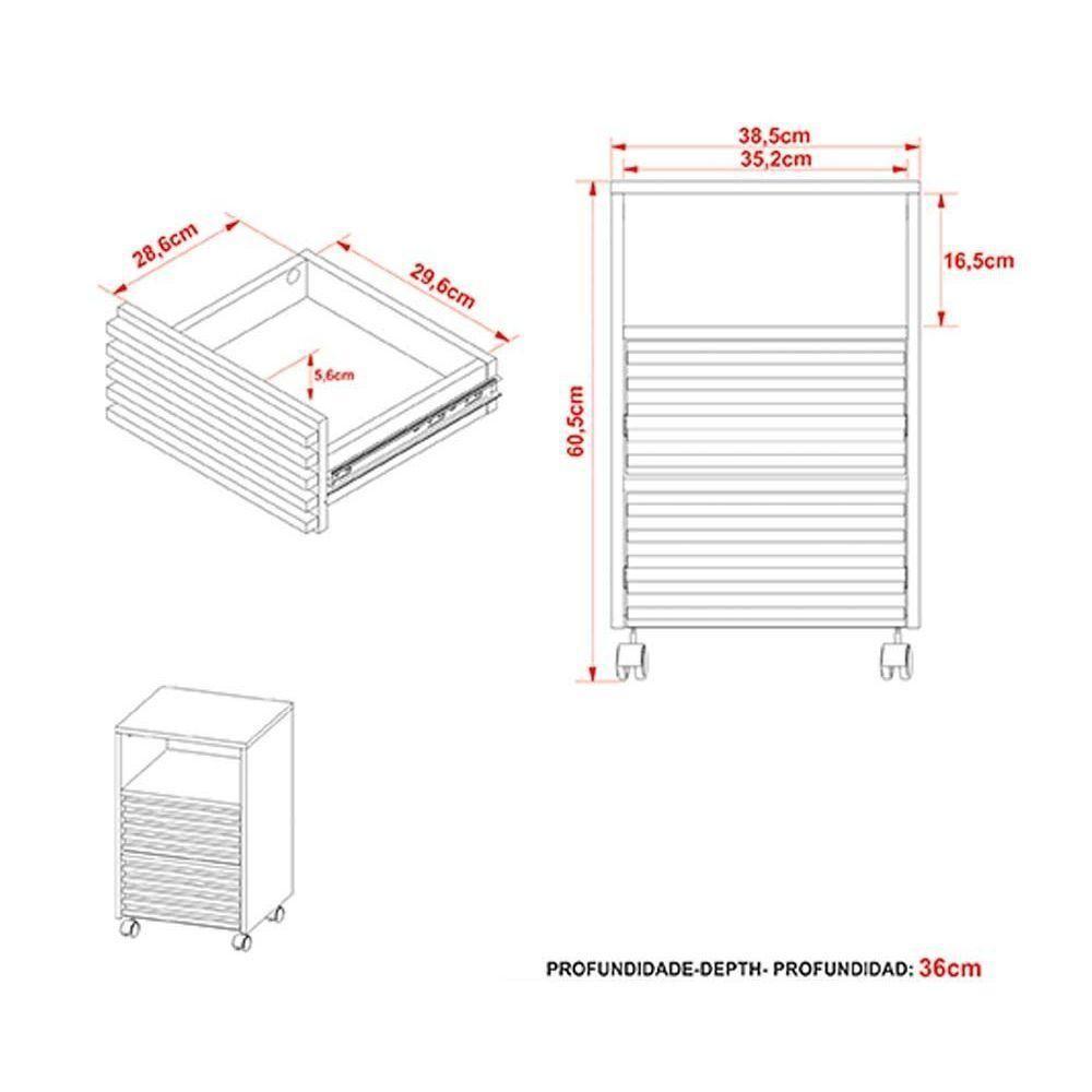 Gaveteiro p/ Escritório c/ 2 Gavetas e Rodizios Ripado ME4175 Amêndoa - Tecno Mobili - 8