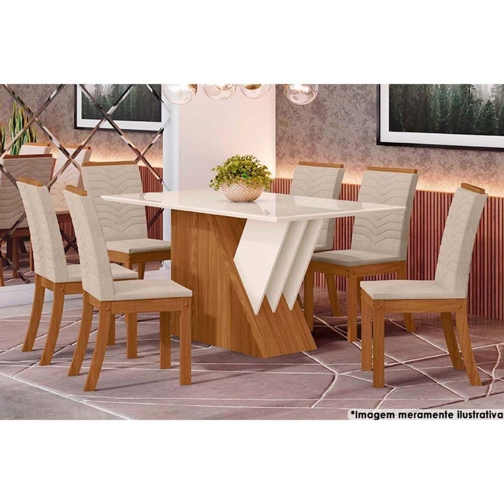 Sala de Jantar Completa Épic SC24 Tampo Madeirado c/ Vidro Canto Curvo 160x90cm e 6 Cadeiras Isa Nature/Linho - Henn - 1