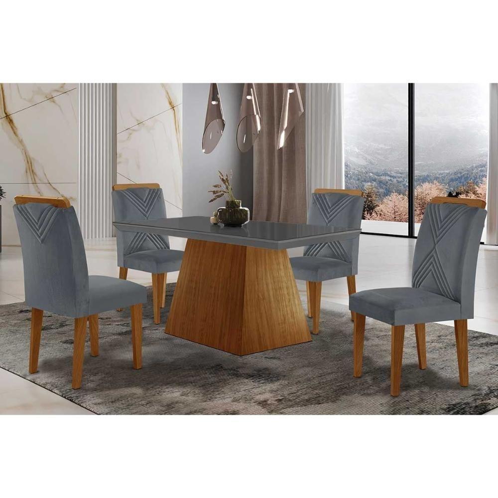 Sala De Jantar Completa Luna Tampo Madeirado Com Vidro Reto 120x80 E 4 Cadeiras Amsterdã Imbuia - Veludo Grafite - Rufato - 1