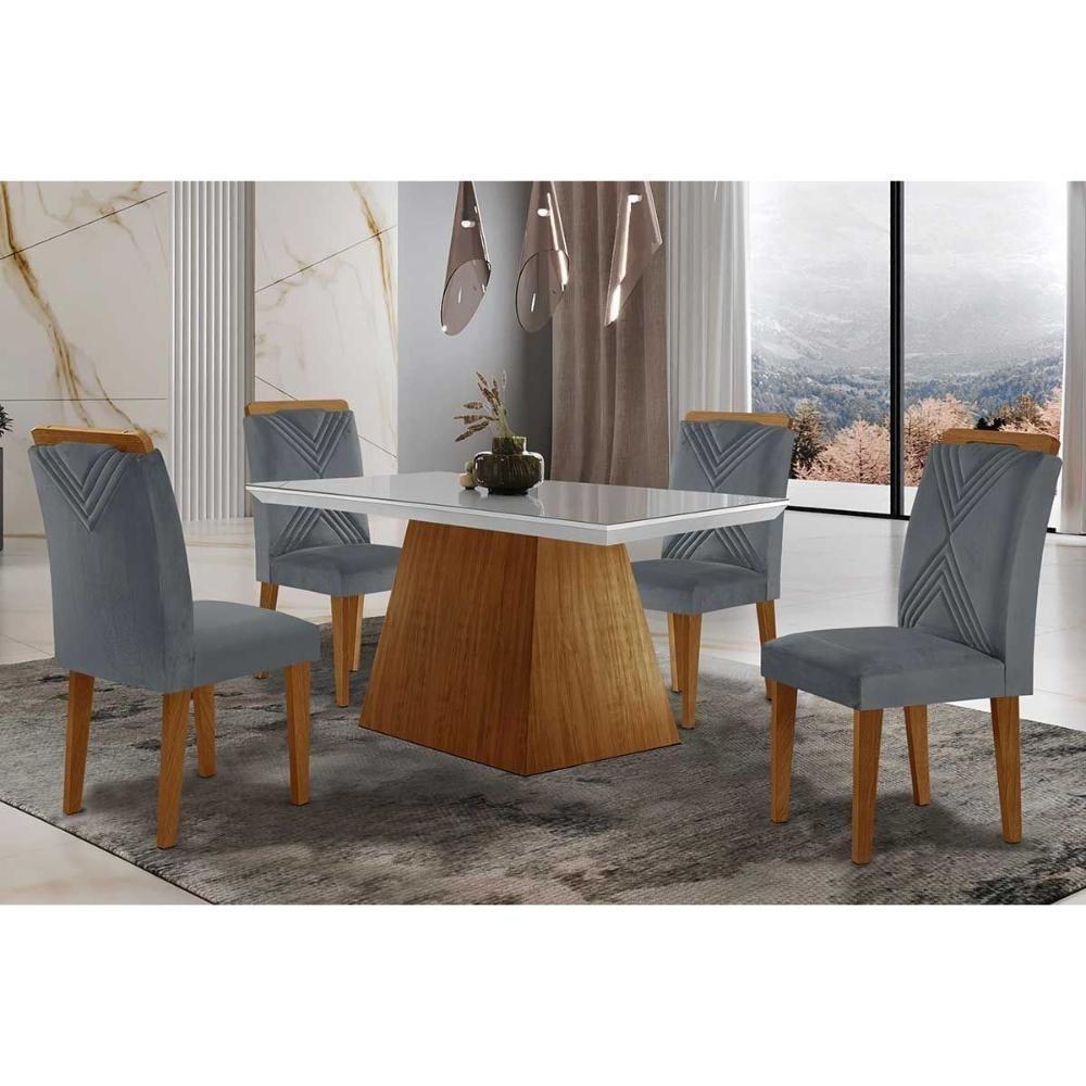 Sala De Jantar Completa Luna Tampo Madeirado Com Vidro Reto 120x80 E 4 Cadeiras Amsterdã Imbuia - Veludo Grafite - Rufato - 1