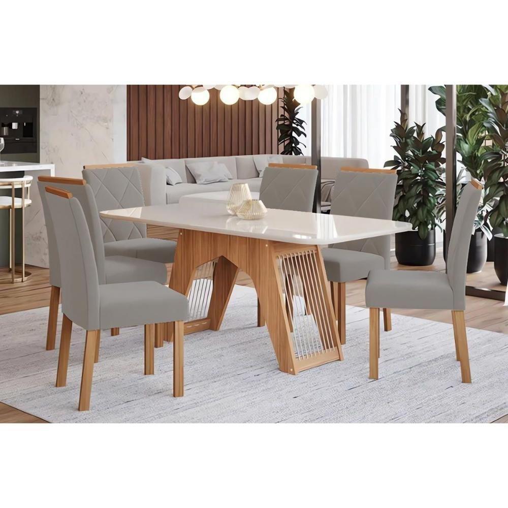 Sala de Jantar Completa Carol Tampo Madeirado c/ Vidro 180x90cm e 6 Cadeiras Fernanda Madeirado/Linho Grafite - Cimol - 1