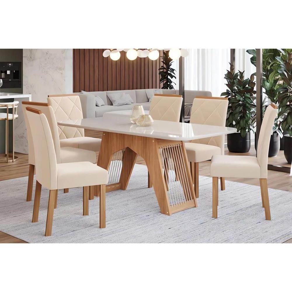 Sala De Jantar Completa Carol Tampo Madeirado Com Vidro 180x90cm E 6 Cadeiras Fernanda Madeirado-suede Nude Bege - Cimol - 1