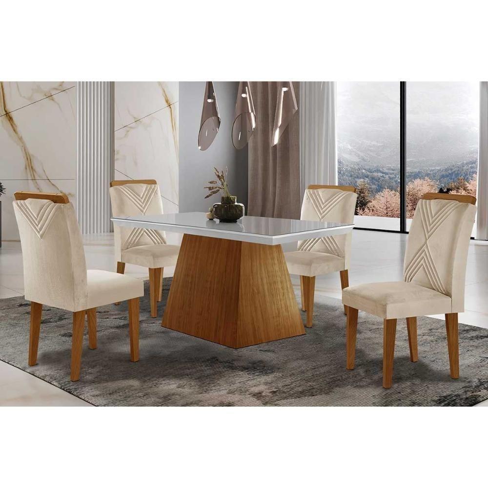 Sala de Jantar Completa Luna Tampo Madeirado c/ Vidro Reto 120x80 e 4 Cadeiras Amsterdã Imbuia - Veludo Creme - Rufato - 1