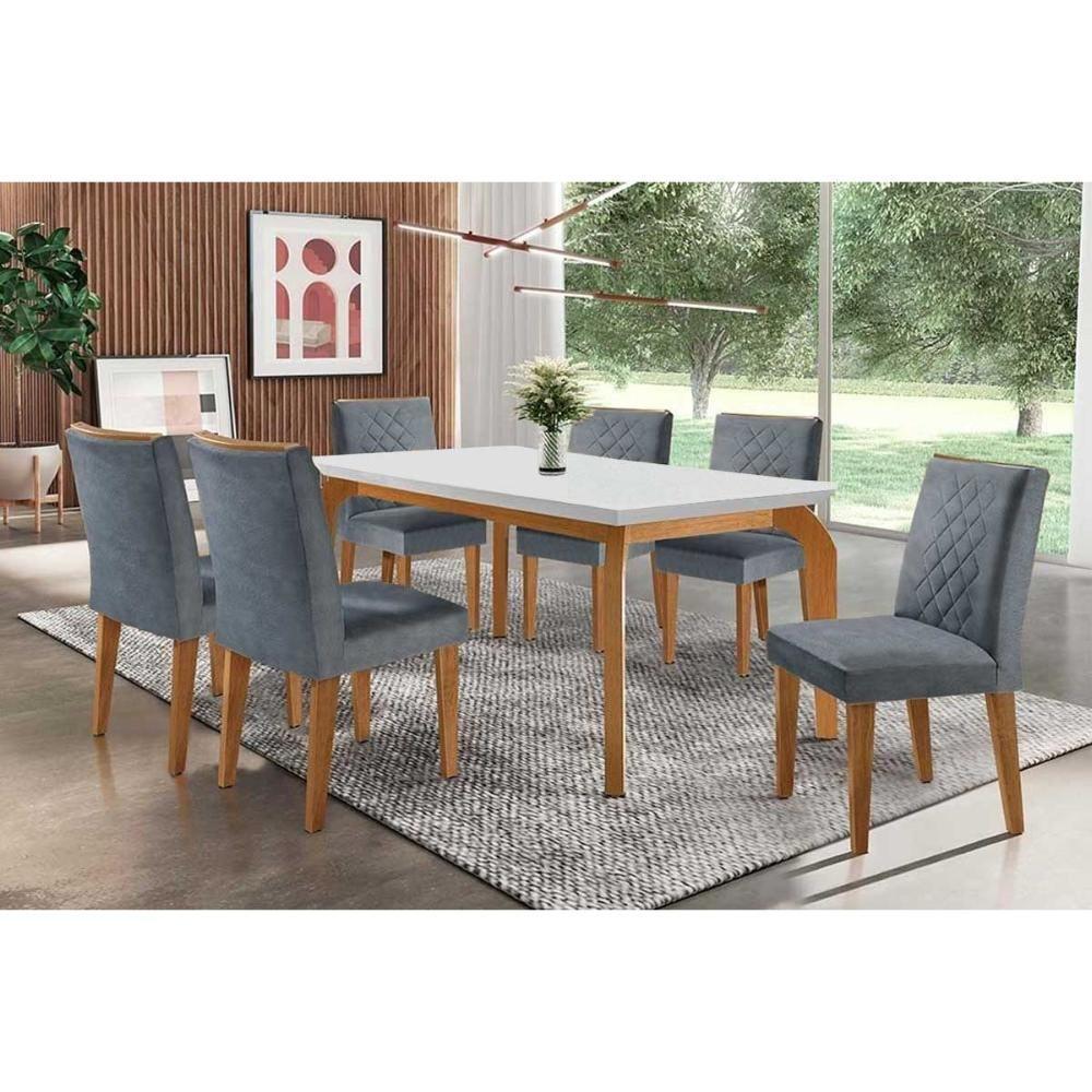 Sala de Jantar Completa Londrina c/Tampo Madeirado Canto Reto 180x90cm e 6 cadeiras Jade Imbuia - Linho Grafite - Rufato - 1