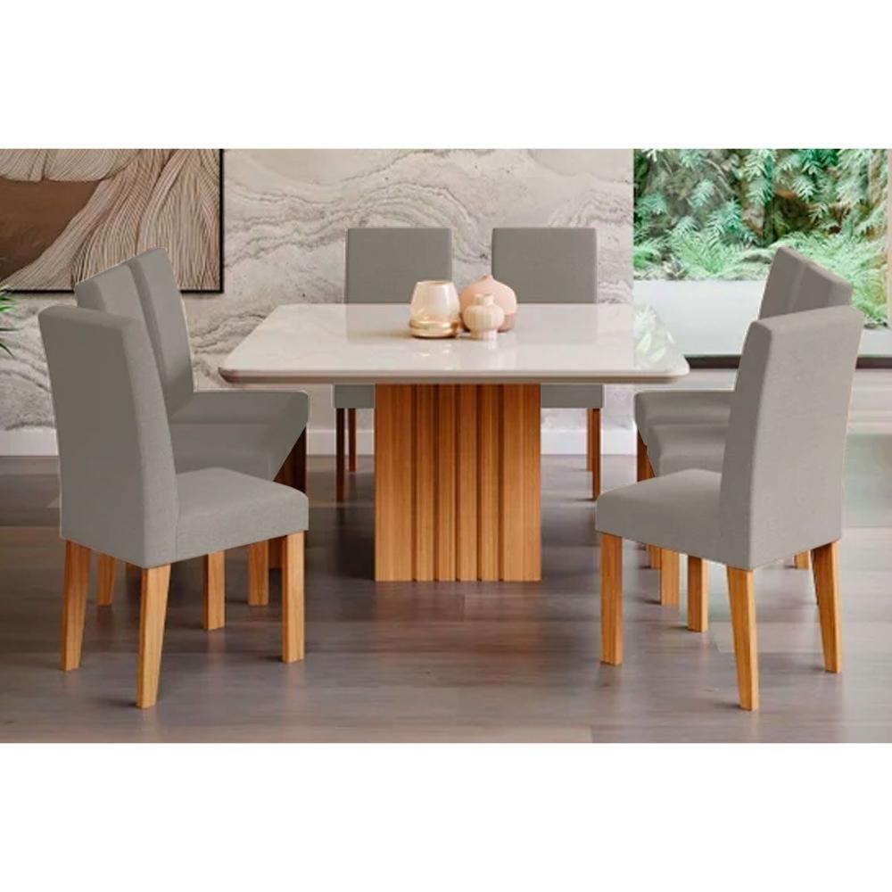 Sala De Jantar Completa Ana Com Tampo Madeirado Com Vidro 130x130cm E 8 Cadeiras Maia Nature-suede Gengibre Bege - Cimol - 1