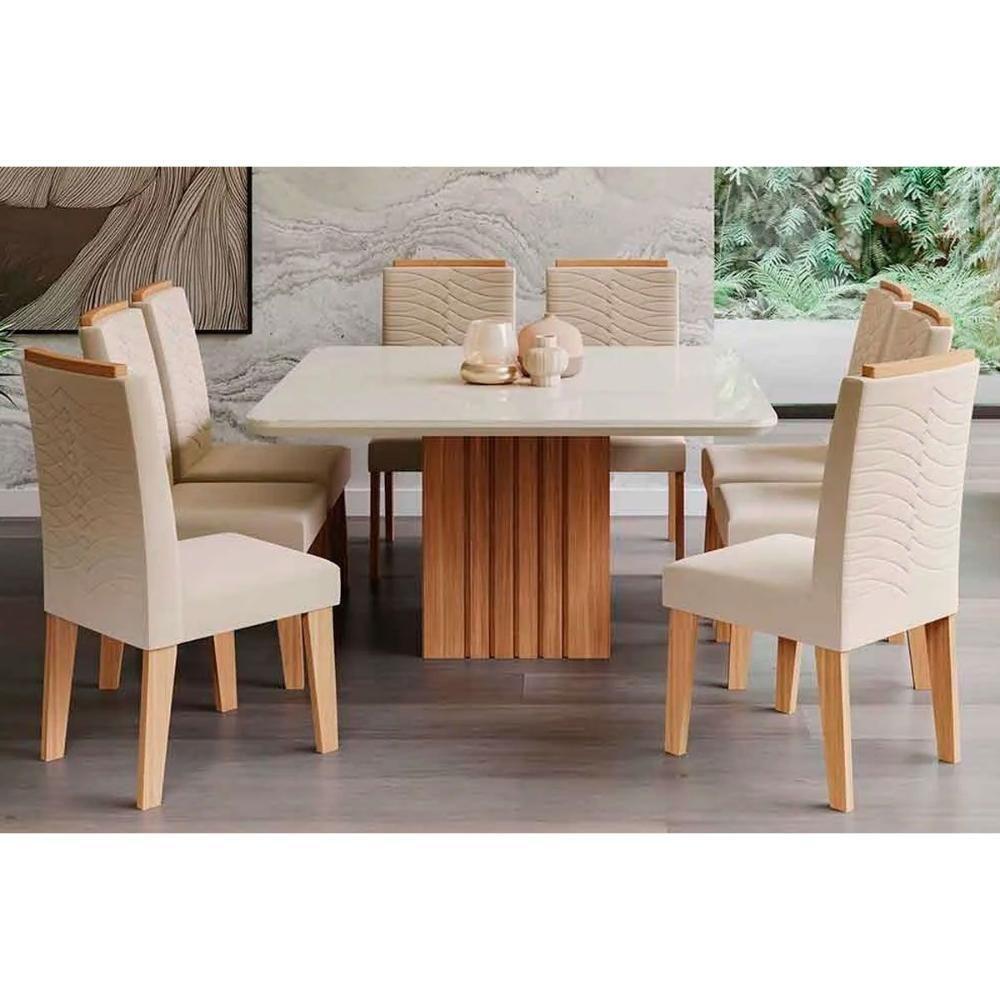 Sala de Jantar Completa Ana c/ Tampo Madeirado c/ Vidro 130x130cm e 8 Cadeiras Clarice Madeirado/ Linho Bege - Cimol - 1