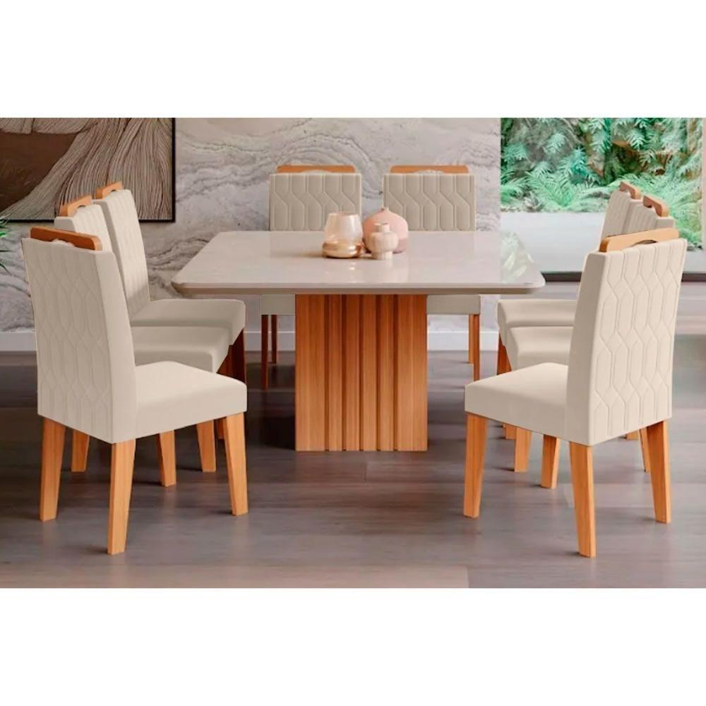 Sala De Jantar Completa Ana Com Tampo Madeirado Com Vidro 130x130cm E 8 Cadeiras Paola Nature-suede Nude Bege - Cimol - 1