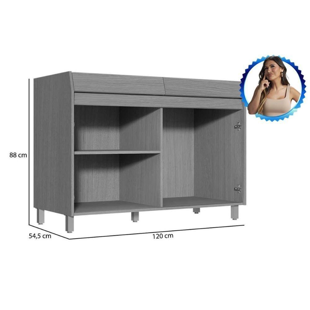 Balcão de Cozinha Simone Mendes p/ Pia s/ Tampo c/ 2 Portas 120cm Carvalho/Cinza - Nesher - 4