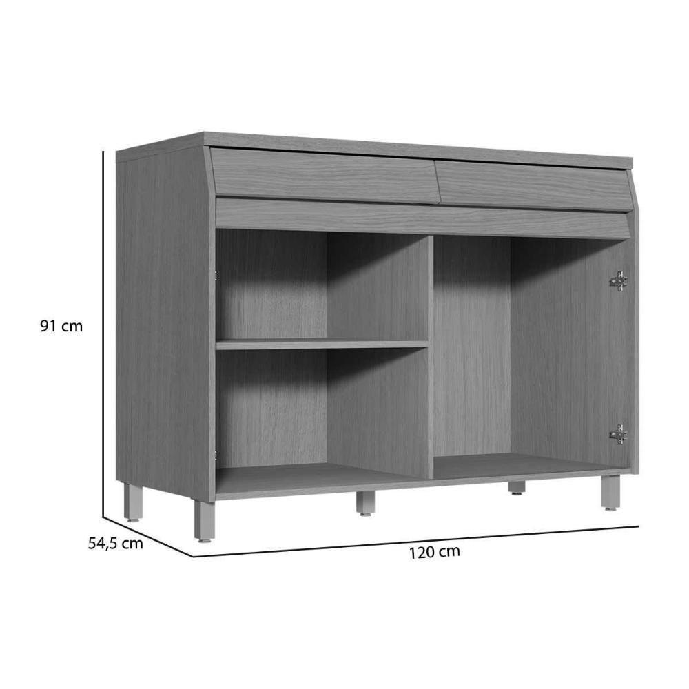 Balcão de Cozinha c/ Tampo Simone Mendes c/ 2 Portas e 2 Gavetas 120cm Carvalho/Cinza - Nesher - 3
