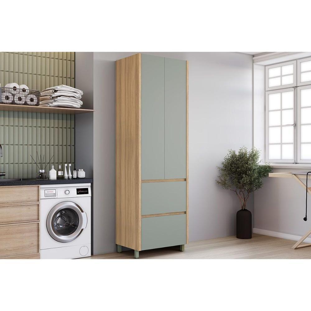 Armário Multiuso Lavanderia Rainha c/ 2 Portas e 2 Gavetas 70cm Nature/Verde - Nesher - 1