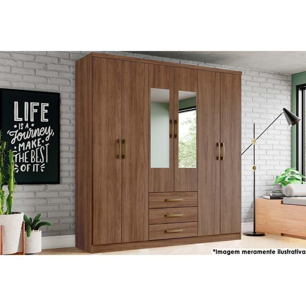 Guarda Roupa Solteiro 6 Portas e 3 Gavetas c/ Espelho Caju DA136 Castanho - Henn - 1