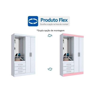 Guarda Roupa Solteiro Briz B64 2 Portas de Bater 3 Gavetas Branco-Rosa MDP Henn