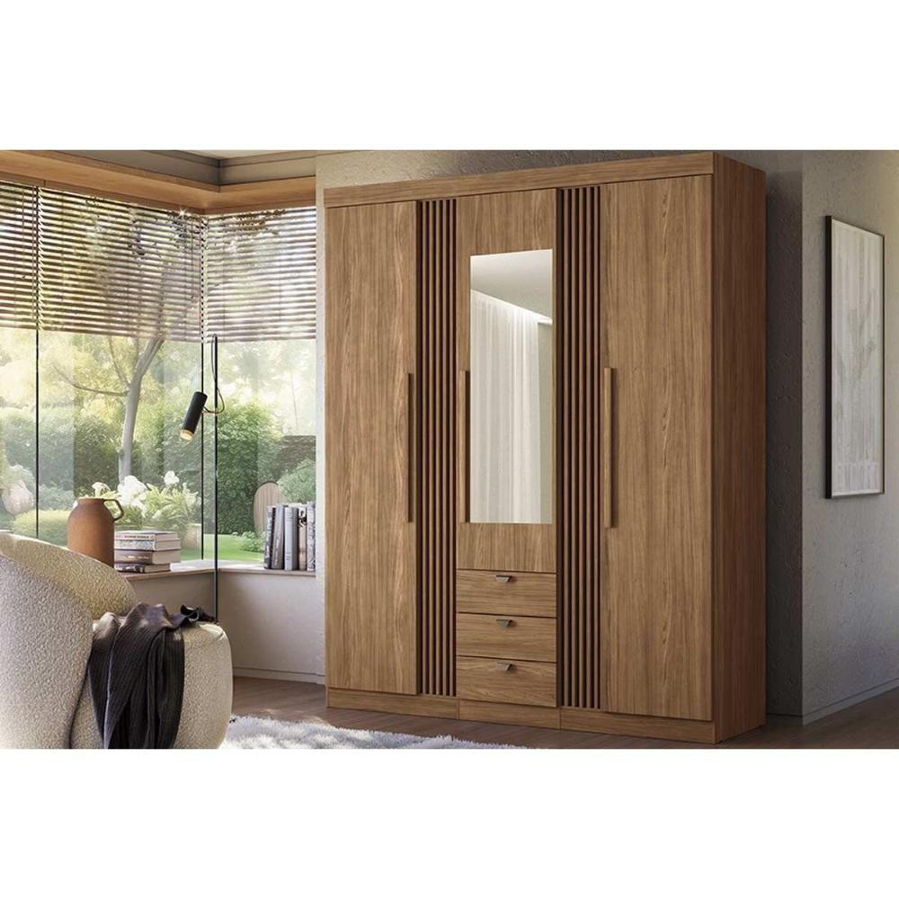 Guarda Roupa Solteiro 3 Portas 3 Gavetas c/ Espelho 3.3 Aurora Jatoba - Santos Andirá - 1