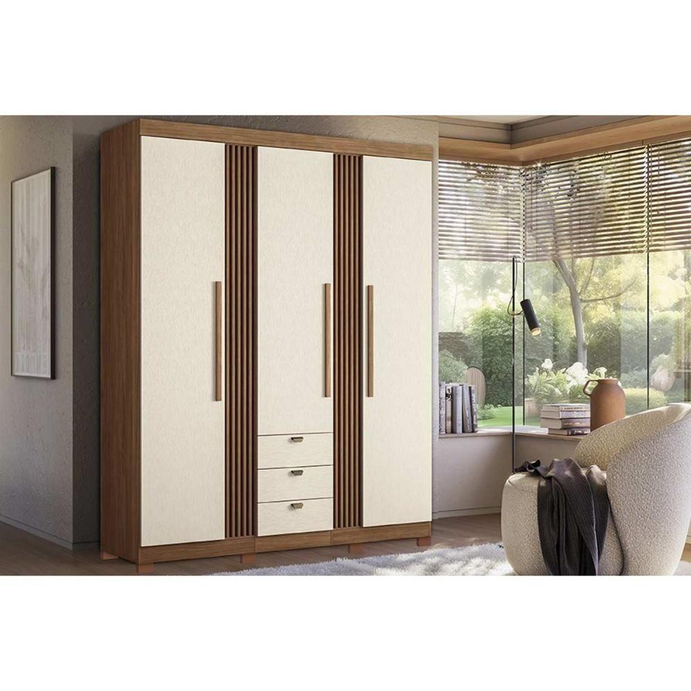 Guarda Roupa Solteiro 3 Portas 3 Gavetas c/ Pés 3.3 Aurora jatoba/Areia - Santos Andirá - 1