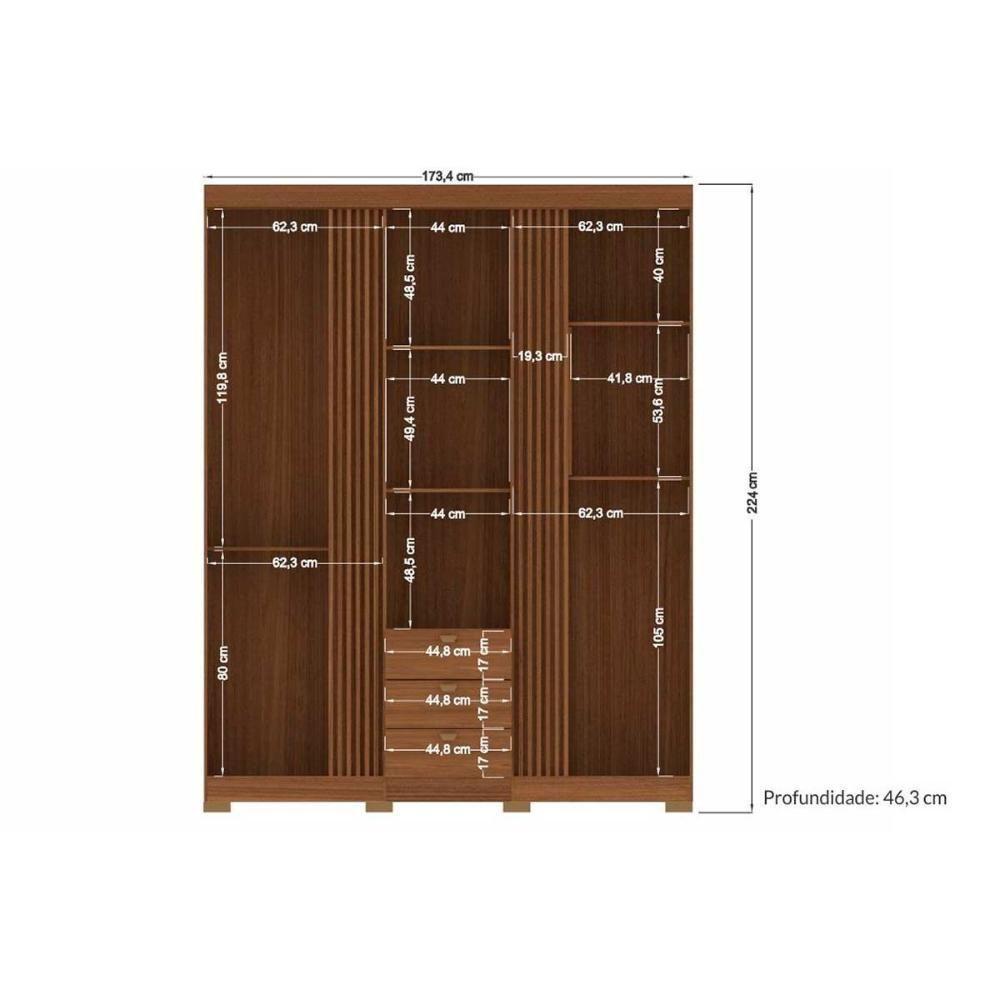 Guarda Roupa Solteiro 3 Portas 3 Gavetas c/ Pés 3.3 Aurora jatoba/Areia - Santos Andirá - 7