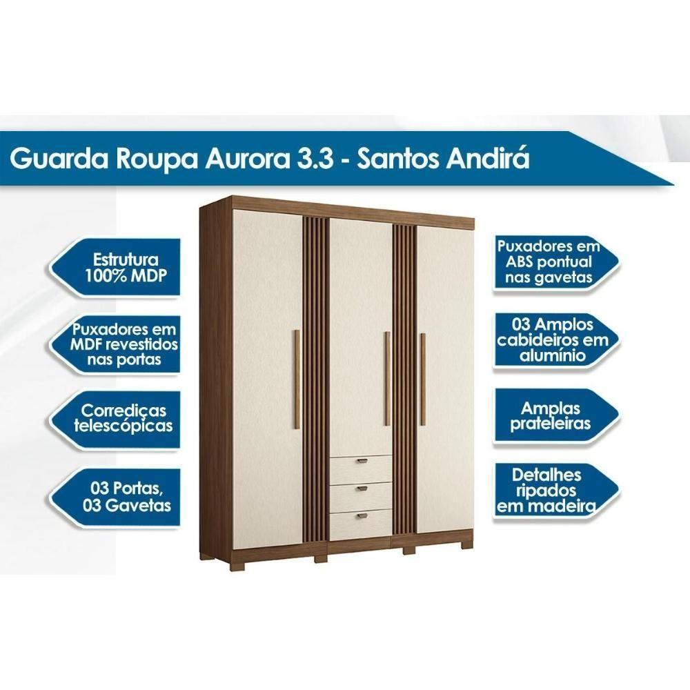 Guarda Roupa Solteiro 3 Portas 3 Gavetas c/ Pés 3.3 Aurora jatoba/Areia - Santos Andirá - 9