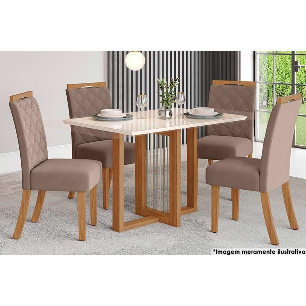 Sala de Jantar Completa Natalí c/ Tampo Madeirado c/ Vidro Reto 120x80cm e 4 Cadeiras Bella Nature/Marrom Amêndoa - Henn - 1
