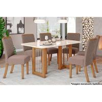 Sala de Jantar Completa Yara c/ Tampo Madeirado c/ Vidro Curvo 160x90cm e 6 Cadeiras Malu Nature/Marrom Amêndoa - Henn - 1