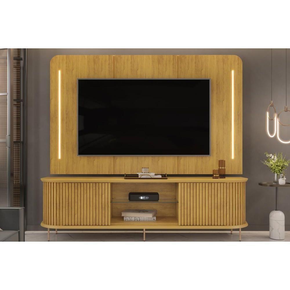 Painel Home p/TV até 75 Polegadas Atlas 100% MDF c/ Led 218x135cm Off White - DJ Móveis - 2