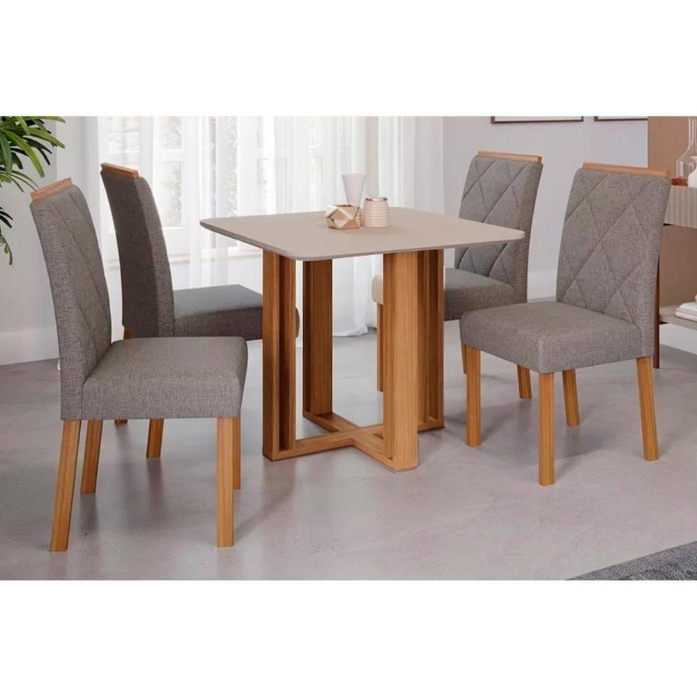 Sala de Jantar Completa Flora c/ Tampo Madeirado c/ Vidro 95x95cm e 4 Cadeiras Fernanda Madeirado/Linho Grafite - Cimol - 1