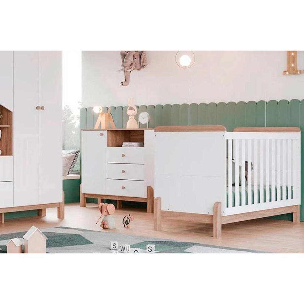 Quarto Infantil Completo Ternura 2 Peças (1 Cômoda + 1 Berço) QI92 Branco/Jequitiba - Henn - 1