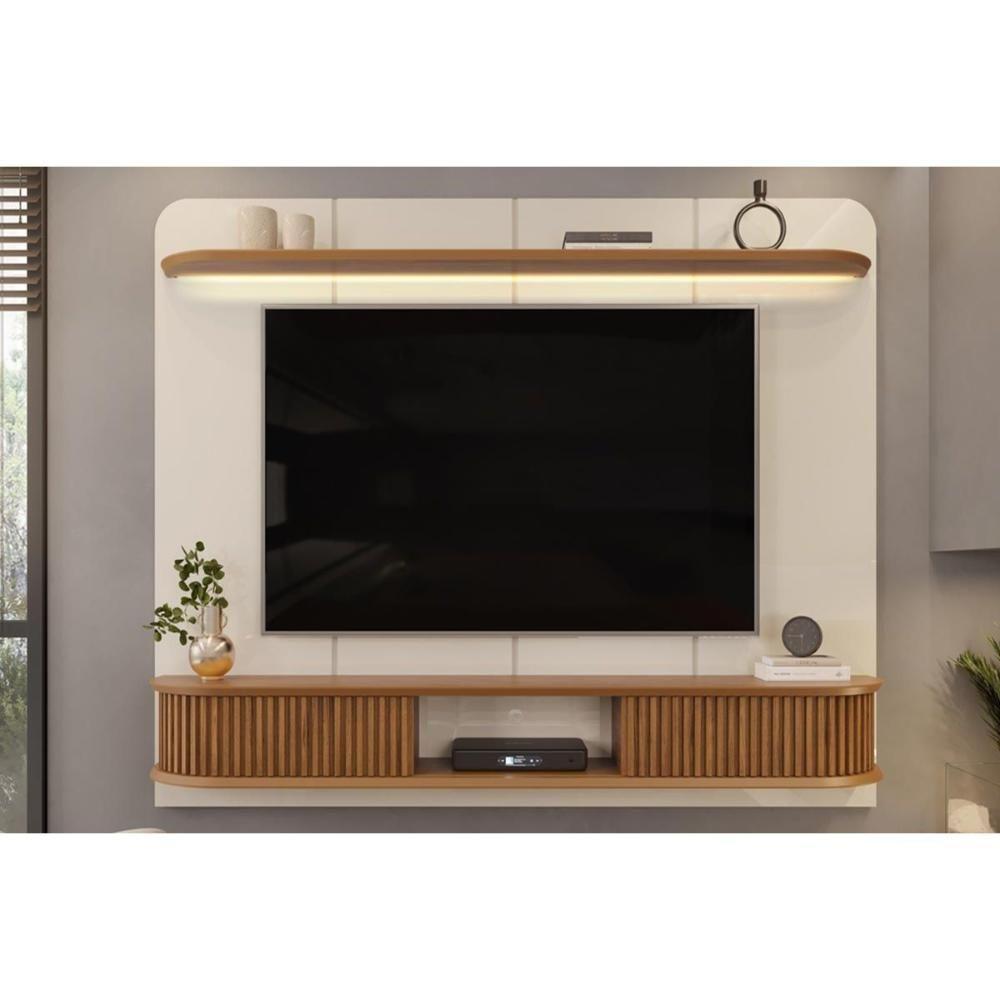 Painel Home p/TV até 75 Polegadas Capri 100% MDF c/ Led e Bancada 215x170cm Off White/Freijó - DJ Móveis - 7