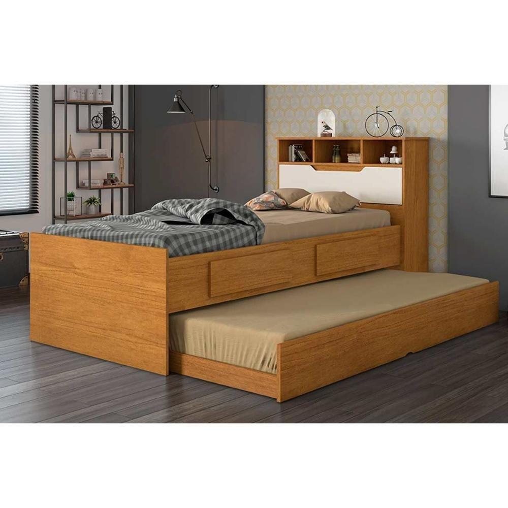 Cama Solteiro Ravena 2 Gavetas c/Auxiliar Cinamomo/Off White - Conquista - 2