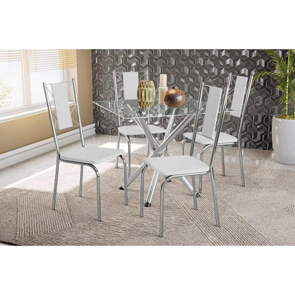 Sala de Jantar Completa Volga c/ Tampo de Vidro 90cm e 4 Cadeiras Lisboa Cromada - Branco - Kappesberg - 1