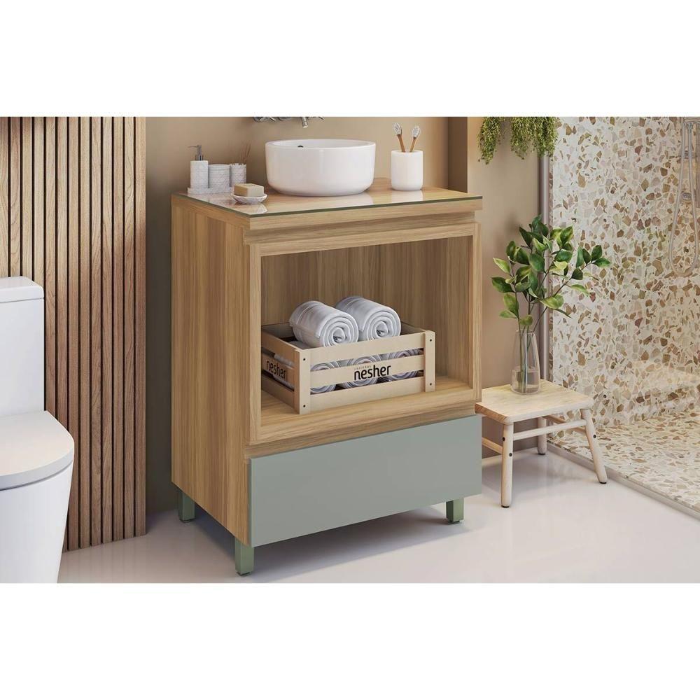 Gabinete de Banheiro Balcão Rainha c/ 1 Gaveta e 1 Nicho 70cm Nature/Verde - Nesher - 1