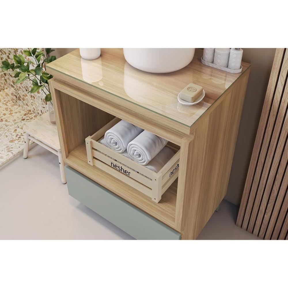 Gabinete de Banheiro Balcão Rainha c/ 1 Gaveta e 1 Nicho 70cm Nature/Verde - Nesher - 9