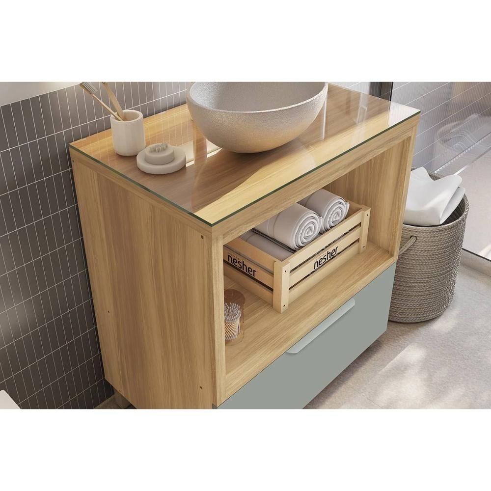 Gabinete de Banheiro Balcão Marquesa c/ 1 Gaveta e 1 Nicho 80cm Nature/Verde - Nesher - 9