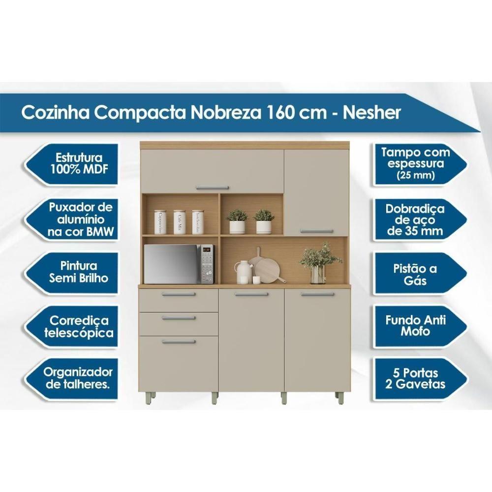 Kit de Cozinha Compacta Nobreza c/ 5 Portas e 2 Gavetas 160cm Carvalho/Cinza - Nesher - 2