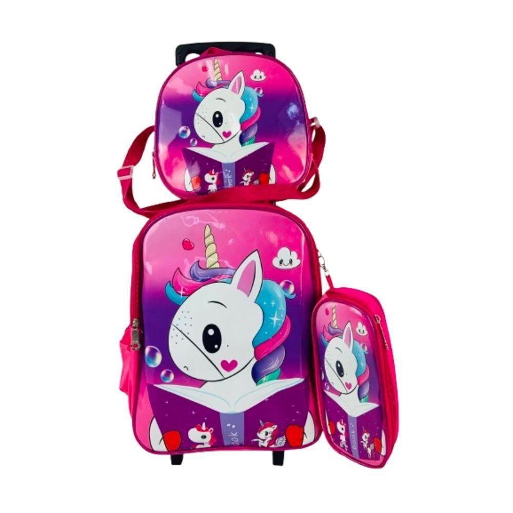 Kit Mochila Infantil Com Rodinhas Meninas Unicornio Escolar Estojo Lancheira Térmica Bolsa Carrinho Impermeavel Rosa - 1