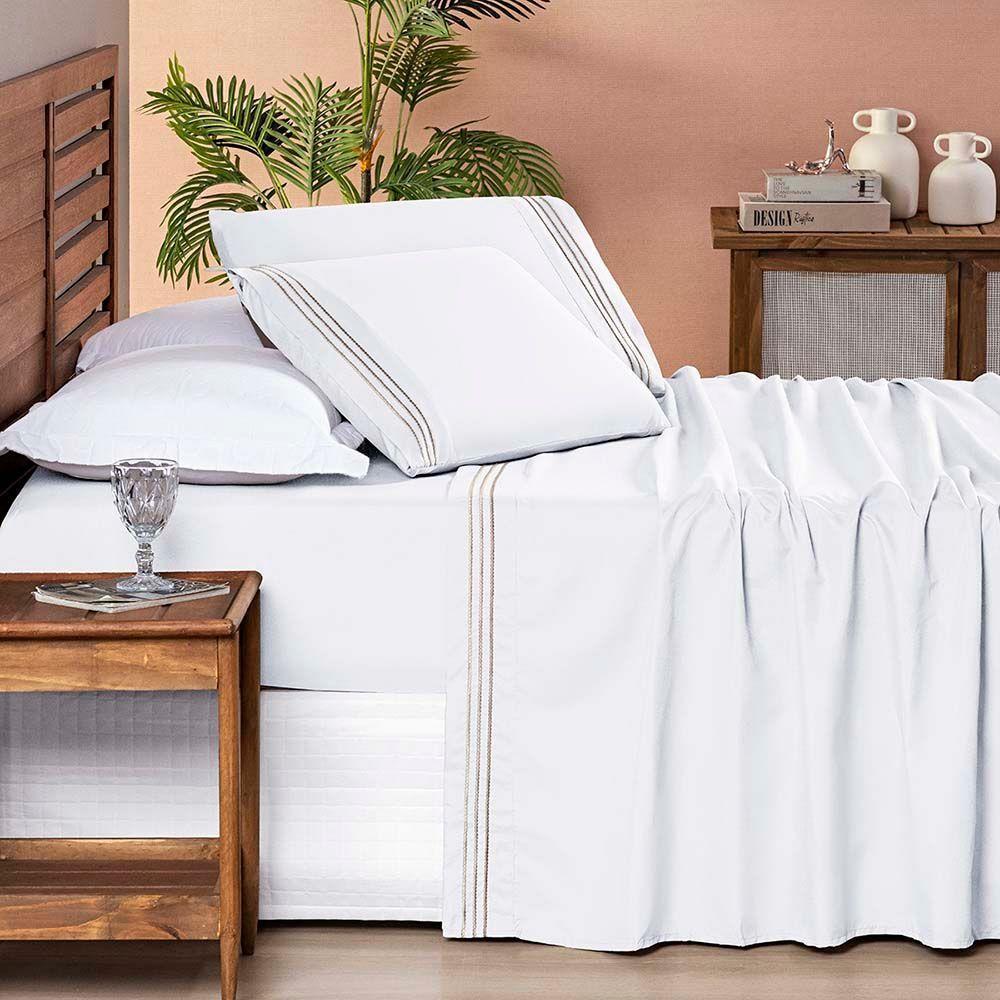 Jogo De Lençol Aria King 4 Peças Micropercal 200 Fios Suave Detalhe Bordado - Branco Neve Taupe - 2