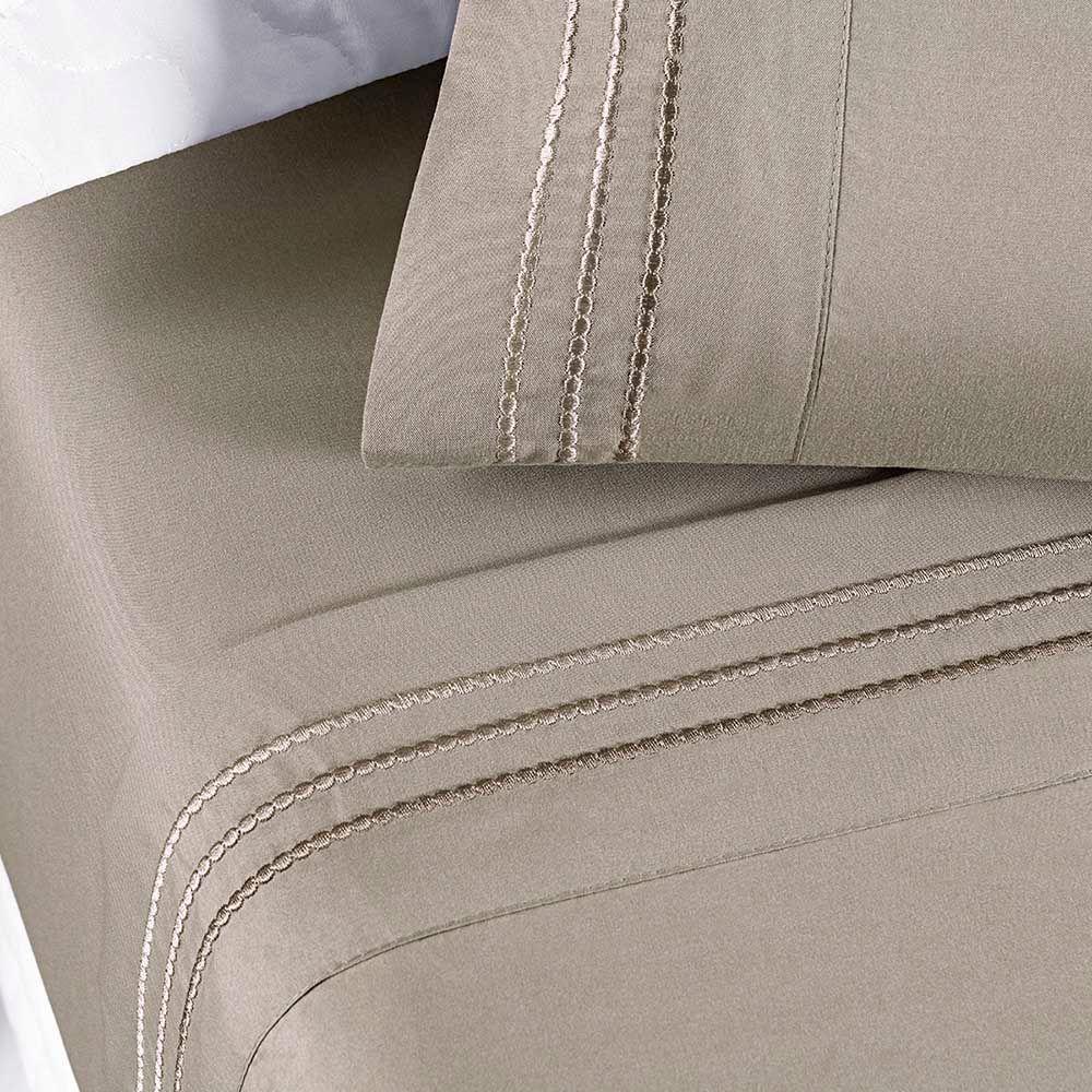 Jogo De Lençol Aria Casal 4 Peças Micropercal 200 Fios Suave Detalhe Bordado - Taupe Bege - 3