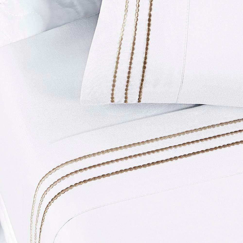 Jogo De Lençol Aria Queen 4 Peças Micropercal 200 Fios Suave Detalhe Bordado - Branco Neve Taupe - 3