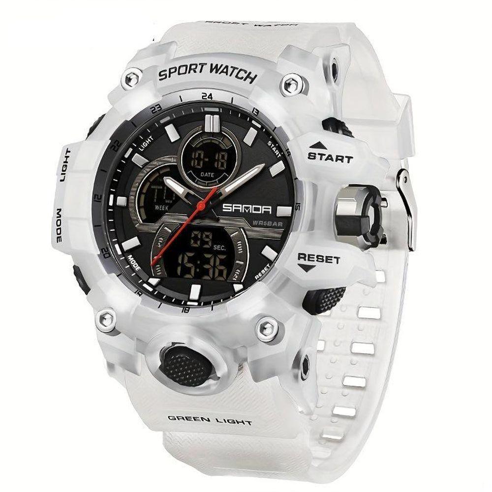 Relógio Esportivo Digital Para Homens - Movimento Quarto Duplo, Resistente à água 5 Atm Branco - 1