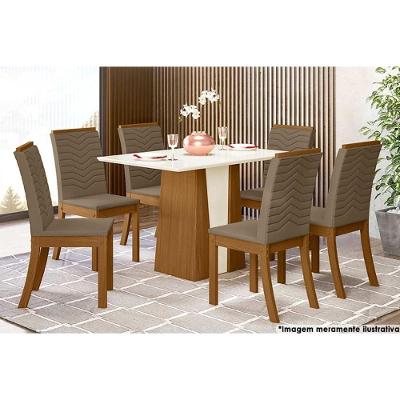 Sala de Jantar Completa Orus Tampo Madeirado c/ Vidro 120x80cm e 6 Cadeiras Isa Nature/Veludo Light Bege Vanilla - Henn