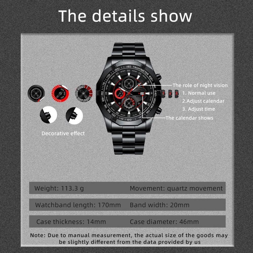 Relógio De Pulso De Quartzo De Aço Inoxidável Masculino, Luxo, Esportes Preto - 2