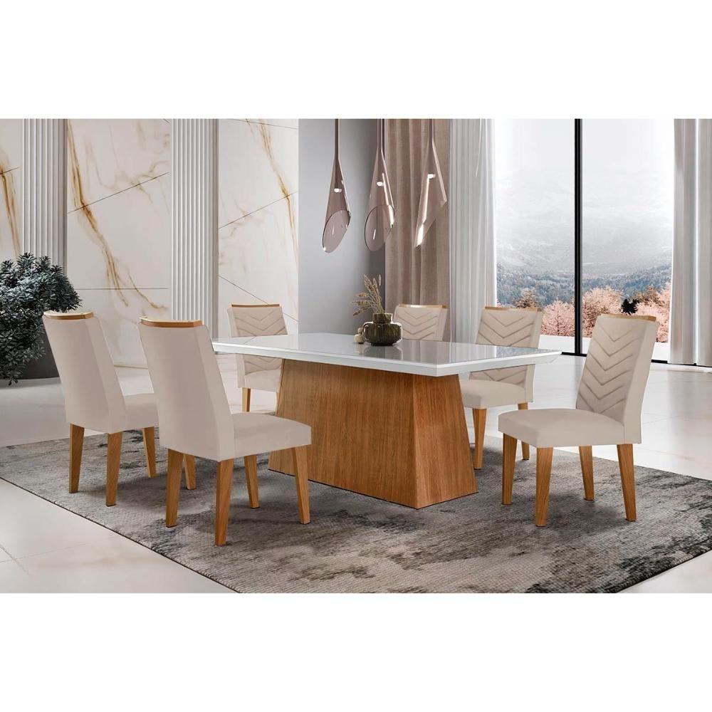 Sala de Jantar Completa Luna c/ Tampo de Vidro Canto Curvo 180x90cm e 6 cadeiras Londrina Imbuia/Off White - Suede Creme - Rufato - 1