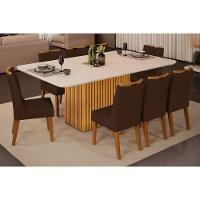 Sala de Jantar Completa Canes Tampo Madeirado c/ Vidro Curvo 200x100cm e 8 Cadeiras Stela Cedro/Off White - Ipe/Suede Moca - DJ Móveis - 1