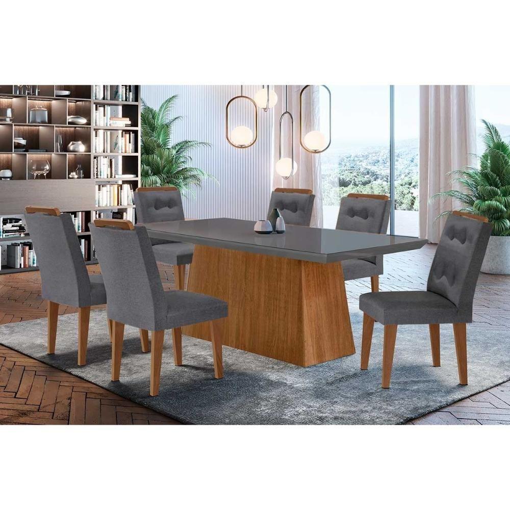 Sala de Jantar Completa Luna c/ Tampo de Vidro Canto Curvo 180x90cm e 6 cadeiras Imperatriz Imbuia/Grafite - Suede Grafite - Rufato - 1